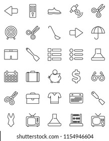 thin line vector icon set - spatula vector, ladle, glasses, scissors, abacus, piggy bank, case, calendar, dollar sign, snickers, shorts, swimsuite, t shirt, target, umbrella, satellitie, tv, arrow