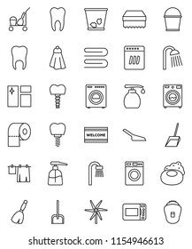 thin line vector icon set - soap vector, cleaner trolley, broom, scoop, bucket, sponge, towel, trash bin, window cleaning, welcome mat, drying clothes, washer, liquid, toilet paper, shower, tooth