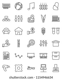 thin line vector icon set - clothespin vector, music, archive, constellation, investment, personal information, hierarchy, any currency, cereals, navigator, truck trailer, port, dry cargo, settings