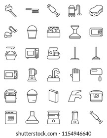 thin line vector icon set - water tap vector, vacuum cleaner, fetlock, mop, bucket, sponge, car, washing powder, rubber glove, microwave oven, double boiler, blender, dishwasher, mixer, coffee maker