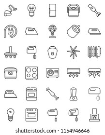 thin line vector icon set - vacuum cleaner vector, iron, mixer, oven, blender, rca, windmill, air conditioner, ari condition, fridge, power plug, multi cooker, epilator, fan, heater, bulb, fireplace