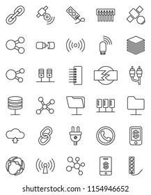 thin line vector icon set - molecule vector, satellite, satellitie, social media, link, rca, connection, network, server, folder, big data, hub, usb modem, share, cloud upload, chain, disconnection