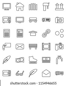thin line vector icon set - microwave oven vector, pen, blackboard, glasses, calculator, cash, roller Skates, dry cargo, top sign, film frame, monitor, link, mail, share, home, bench, water supply