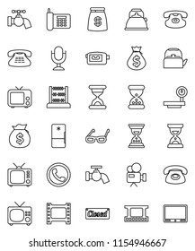 thin line vector icon set - water tap vector, kettle, glasses, abacus, money bag, sand clock, phone, big scales, film frame, tv, video camera, microphone, classic, closed, fridge