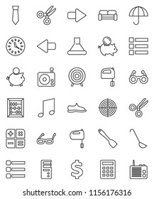 thin line vector icon set - spatula vector, ladle, mixer, glasses, scissors, abacus, music, piggy bank, tie, dollar sign, snickers, target, clock, umbrella, radio, menu, arrow, cushioned furniture