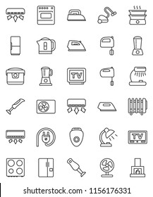 thin line vector icon set - vacuum cleaner vector, iron, mixer, oven, blender, table lamp, tv, air conditioner, ari condition, fridge, power plug, multi cooker, epilator, fan, kettle, double boiler