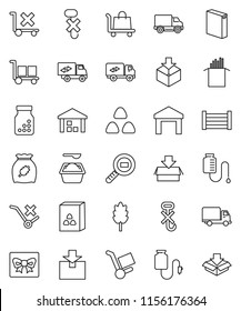 thin line vector icon set - washing powder vector, cereal, pasta, delivery, wood box, cargo, no trolley, hook, warehouse, package, search, pills bottle, drop counter, relocation truck, gift