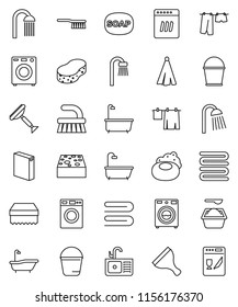 thin line vector icon set - soap vector, scraper, fetlock, bucket, sponge, towel, bath, drying clothes, washer, washing powder, shower, sink, dishwasher