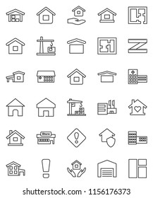 thin line vector icon set - house hold vector, school building, measuring, dry cargo, hospital, home, attention sign, cottage, barn, plan, love, construction crane, protect, mall, window