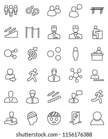 thin line vector icon set - student vector, manager, man, horizontal bar, stairways run, client, speaking, social media, group, doctor, gender sign, head bandage, medical room, share, login