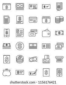 thin line vector icon set - credit card vector, cash, coin stack, check, receipt, dollar calendar, money, wallet, reader, tap pay