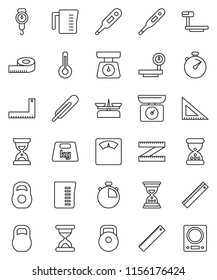 thin line vector icon set - measuring cup vector, scales, corner ruler, sand clock, stopwatch, weight, big, thermometer, store, kitchen