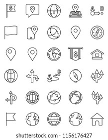 thin line vector icon set - compass vector, world, flag, dollar, route, navigator, earth, map pin, traking, internet, connection, globe, arrow, home