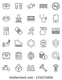 thin line vector icon set - scraper vector, water tap, liquid soap, spices, clipboard, coin stack, roller Skates, heart monitor, breads, no smoking, oxygen, run, signpost, package, barcode, route