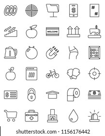 thin line vector icon set - water drop vector, window cleaning, welcome mat, toilet paper, kettle, plates, apple fruit, magnet, abacus, cart, receipt, diet, bike, fitball, buttocks, boxing glove