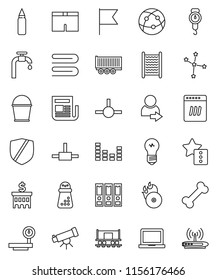 thin line vector icon set - bucket vector, towel, washboard, scales, hand mill, telescope, notebook pc, flag, constellation, bank building, binder, punching bag, shorts, bone, Railway carriage, big