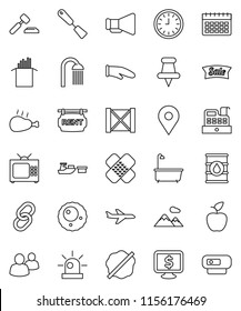 thin line vector icon set - splotch vector, bath, shower, cook glove, spatula, pasta, chicken leg, apple fruit, auction, clock, monitor dollar, calendar, map pin, plane, port, wood box, oil barrel