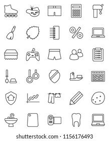 thin line vector icon set - broom vector, sponge, drying clothes, toilet brush, sink, cutting board, potato, pencil, calculator, notebook pc, schedule, leaf, graph, shorts, roller Skates, ship, hub