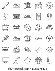 thin line vector icon set - navigator vector, calendar, umbrella, music hit, radio, tv, microphone, monitor, social media, pregnancy, scalpel, pills blister, eye doctor hat, head bandage, server