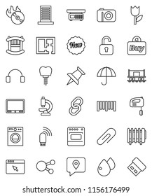thin line vector icon set - Railway carriage vector, traking, umbrella, tulip, barcode, music hit, headphones, social media, link, thumbtack, microscope, blood drop, tooth implant, browser, plan, tv