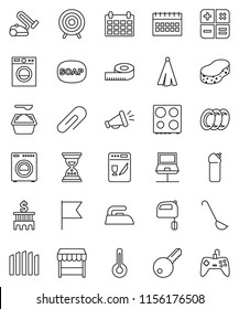 thin line vector icon set - soap vector, sponge, iron, washing powder, cleaning agent, plates, towel, ladle, mixer, oven, flag, bank building, sand clock, calendar, measuring, target, thermometer