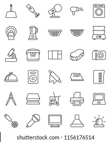 thin line vector icon set - cleaner trolley vector, scoop, sponge, iron, colander, measuring cup, skimmer, rolling pin, double boiler, blender, dish, drawing compass, microscope, notebook pc, washer