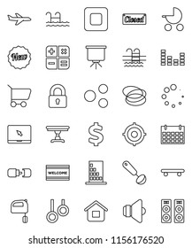 thin line vector icon set - welcome mat vector, ladle, mixer, presentation, target, dollar sign, skateboard, calendar, pool, hoop, gymnast rings, plane, speaker, equalizer, notebook pc, stop button