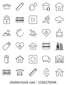 thin line vector icon set - toilet paper vector, ruler, cent sign, heart cross, run, dry cargo, flammable, dialog, play button, rec, blood drop, cloud network, home, loading, mountain, garage, rooms