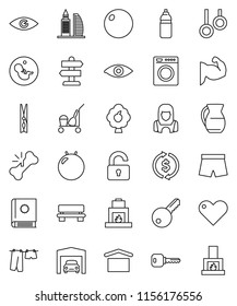 thin line vector icon set - cleaner trolley vector, clothespin, drying clothes, woman, jug, exchange, fitball, muscule hand, shorts, water bottle, gymnast rings, signpost, dry cargo, heart, eye, key