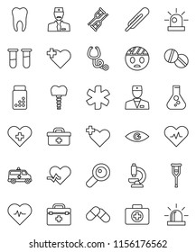 thin line vector icon set - flask vector, heart pulse, pills vial, cross, first aid kit, doctor bag, ambulance star, thermometer, eye, magnifier, crutches, stethoscope, microscope, amkbulance car