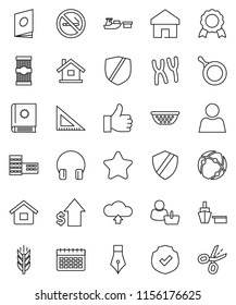 thin line vector icon set - pan vector, colander, pasta, pen, school building, corner ruler, medal, dollar growth, calendar, cereals, no smoking, port, protected, headphones, finger up, chromosomes
