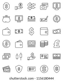 thin line vector icon set - exchange vector, dollar coin, japanese candle, credit card, wallet, cash, investment, stack, check, shield, monitor, pound, sign, money