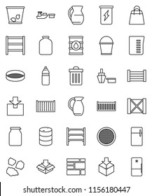 thin line vector icon set - bucket vector, trash bin, garbage pile, measuring cup, jug, sieve, jar, enegry drink, water bottle, sea container, port, wood box, consolidated cargo, package, oil barrel