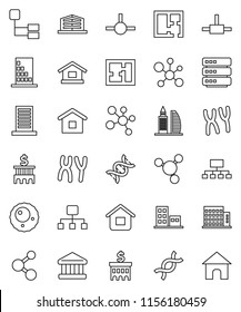 thin line vector icon set - molecule vector, bank, building, hierarchy, dna, chromosomes, ovule, connect, big data, plan, apartments, office, home
