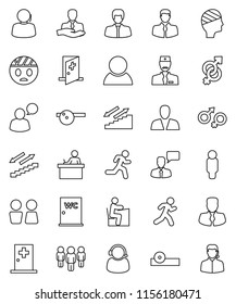 thin line vector icon set - water closet vector, student, manager, man, stairways run, support, client, speaking, gender sign, eye doctor hat, head bandage, medical room, consumer