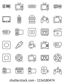 thin line vector icon set - cinema clap vector, film spool, tv, gamepad, video camera, remote control, pause button, stop, rec, hdmi, web, projector