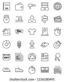 thin line vector icon set - cook timer vector, cereal, copybook, magnet, pie graph, cash, annual report, stopwatch, weight, jump rope, snickers, t shirt, cereals, pool, signpost, money, newspaper