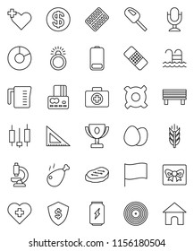 thin line vector icon set - measuring cup vector, egg, steak, chicken leg, corner ruler, award, flag, pie graph, japanese candle, credit card, dollar shield, any currency, enegry drink, cereals