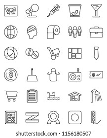 thin line vector icon set - scoop vector, trash bin, toilet paper, shower, apron, clipboard, medal, abacus, dollar coin, cart, case, man, tie, measuring, consolidated cargo, glass, microphone, radio