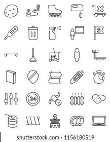 thin line vector icon set - plunger vector, cleaner trolley, trash bin, washing powder, sprayer, plates, cook timer, potato, blackboard, bank building, man, dollar flag, roller Skates, skateboard
