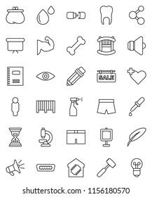 thin line vector icon set - sprayer vector, meat hammer, copybook, pen, pencil, presentation, man, sand clock, board, muscule hand, shorts, molecule, bone, speaker, hdmi, heart cross, eye, dropper