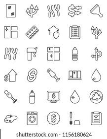 thin line vector icon set - scraper vector, water drop, window cleaning, toilet brush, washer, shining, blender, exchange, dollar growth, medal, monitor, bottle, route, internet, pills blister, pond