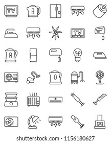 thin line vector icon set - vacuum cleaner vector, iron, kettle, blender, table lamp, tv, rca, windmill, air conditioner, ari condition, fridge, mixer, fan, double boiler, heater, bulb, fireplace