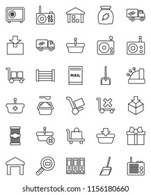 thin line vector icon set - scoop vector, washing powder, cereal, pasta, binder, safe, wood box, cargo, no trolley, warehouse, package, search, radio, mailbox, relocation truck, gift, cashbox
