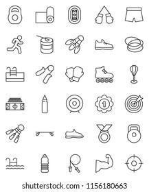 thin line vector icon set - target vector, stadium, weight, jump rope, hand trainer, punching bag, muscule, snickers, boxing glove, shorts, roller Skates, skateboard, medal, sports nutrition, hoop