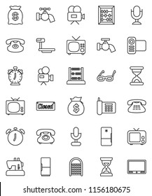 thin line vector icon set - water tap vector, washboard, glasses, alarm clock, abacus, money bag, sand, phone, big scales, tv, video camera, microphone, classic, fridge, closed, sewing machine