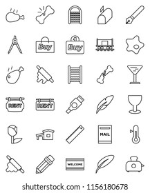 thin line vector icon set - splotch vector, welcome mat, washboard, rolling pin, thermometer, chicken leg, pen, pencil, ruler, drawing compass, Railway carriage, glass, tulip, hdmi, broken bone, buy