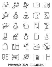 thin line vector icon set - window cleaning vector, oil, measuring cup, hand mill, jug, jar, flask, no alcohol sign, glass, vial, magnifier, sand clock, potion, cloud, search estate, coffee maker