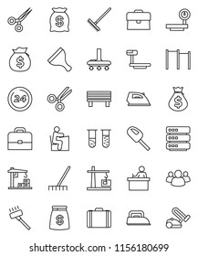 thin line vector icon set - scraper vector, vacuum cleaner, rake, iron, student, case, money bag, horizontal bar, big scales, group, vial, scissors, data, bench, construction crane, 24 hour