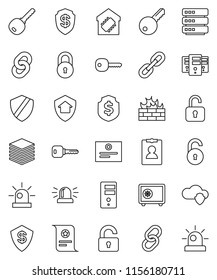 thin line vector icon set - certificate vector, personal information, dollar shield, safe, link, cloud, big data, server, firewall, chain, lock, unlock, key, siren, smart home, protect
